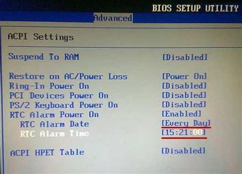 Как настроить Resume by rtc alarm в биосе?