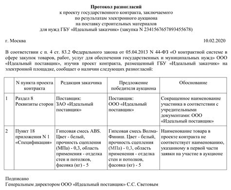 Обязательные элементы протокола разногласий