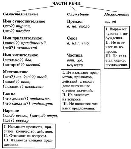 Основные группы частей речи