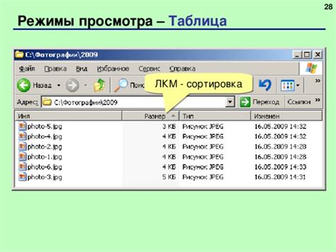 Режимы просмотра и сортировка