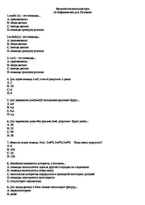 Тест по информатике для 10-го класса